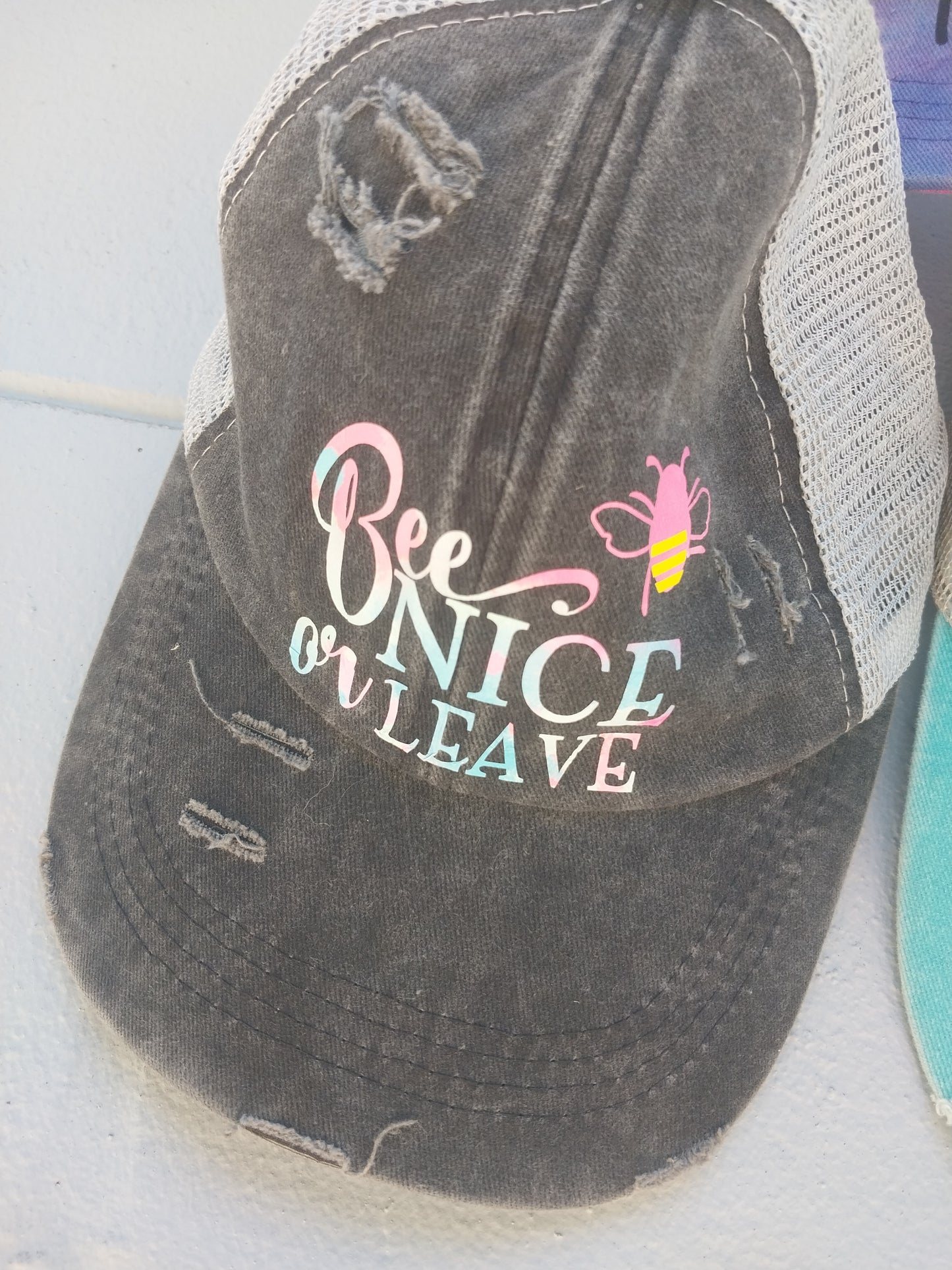 Bee Nice or Leave Hat with Ponytail back