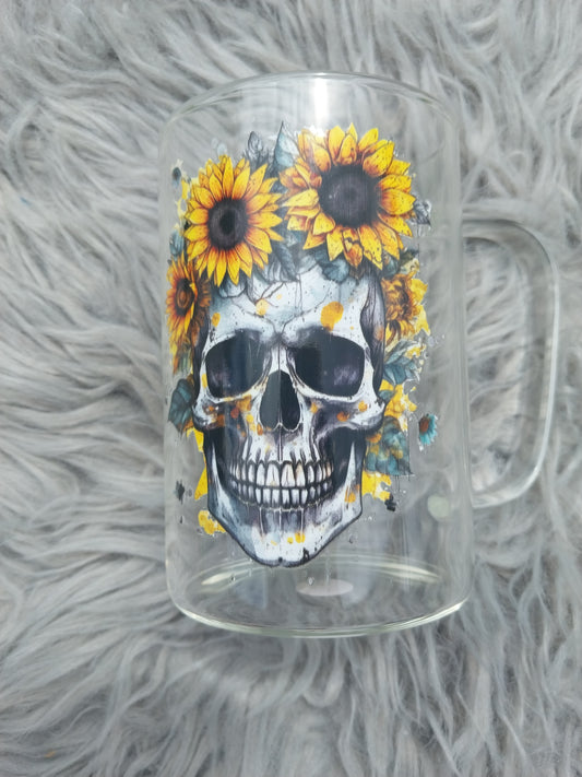 Sunflower Skull Glass Mug