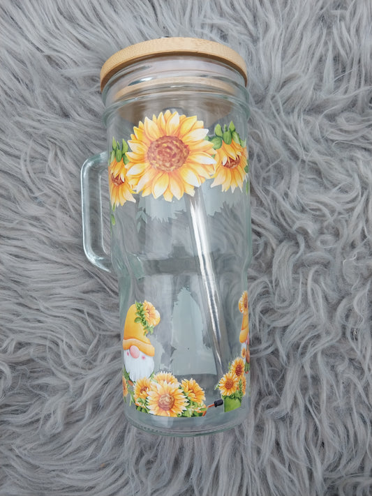Sunflower & Gnome Glass Tumbler with Handle