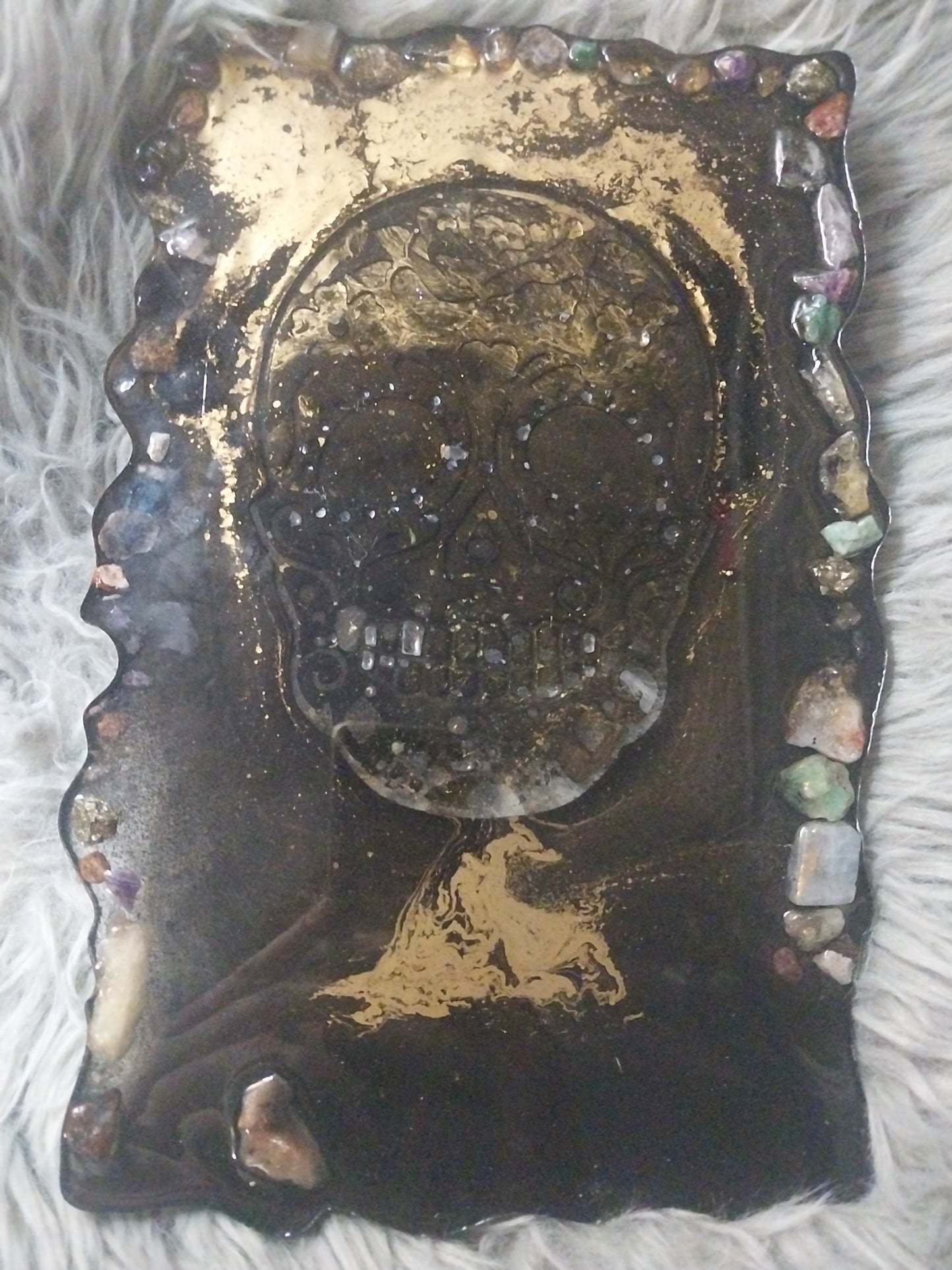 Black and Gold Skull Tray with Stones