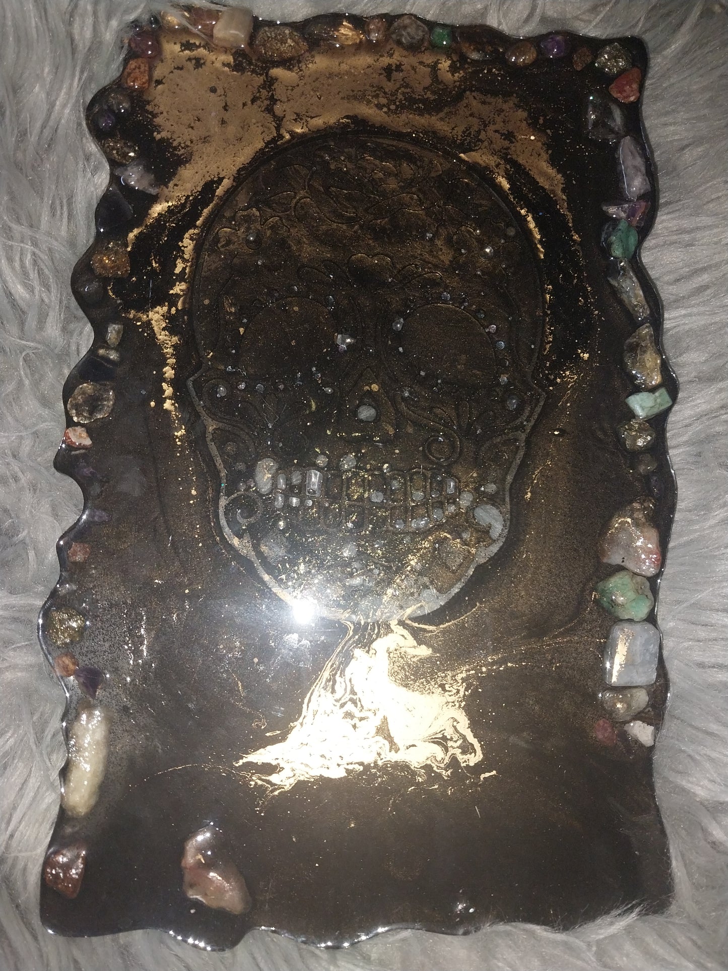 Black and Gold Skull Tray with Stones