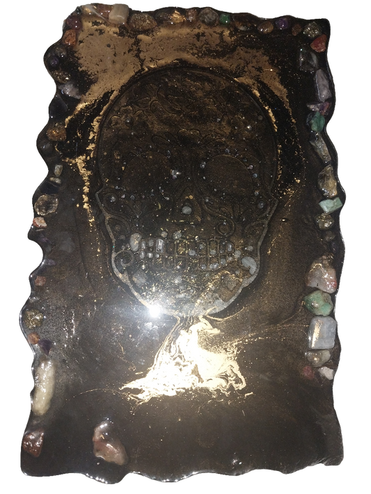 Black and Gold Skull Tray with Stones