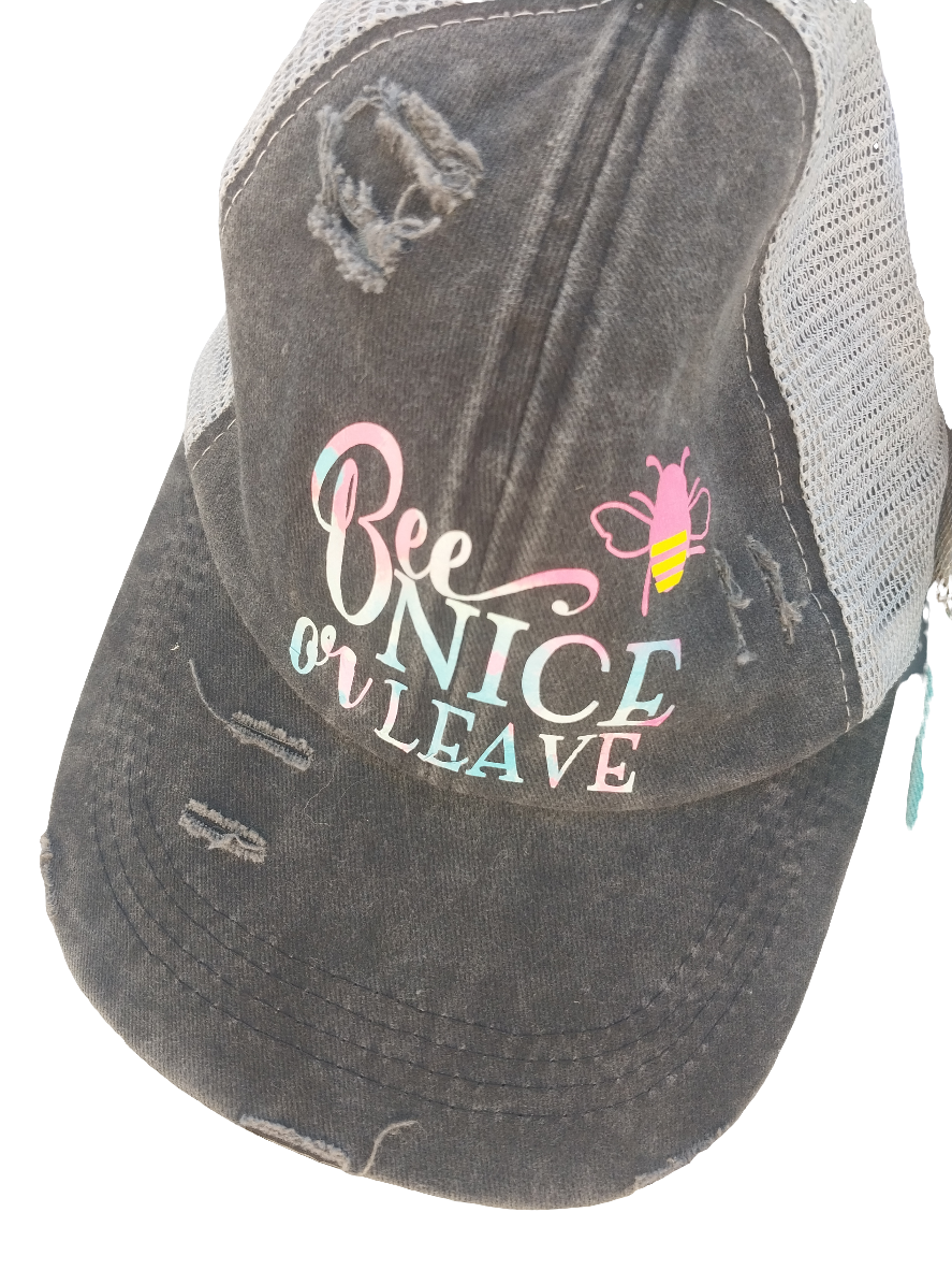 Bee Nice or Leave Hat with Ponytail back